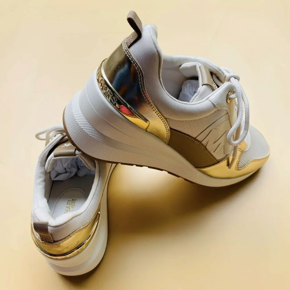 Michael Kors White and Gold Platform Wedge Sneakers